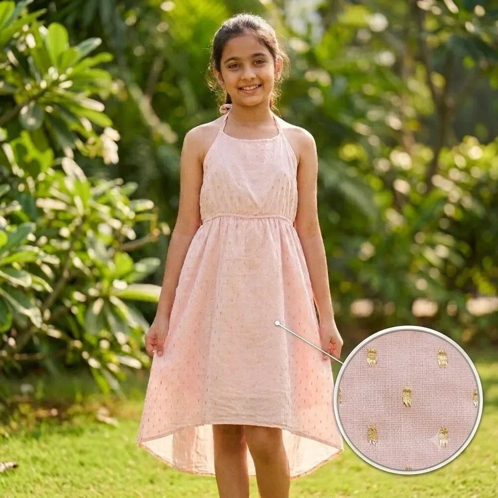 Old Navy Girls XL 14 Pink Metallic Gold Dot Halter Dress High Low Cotton Lined